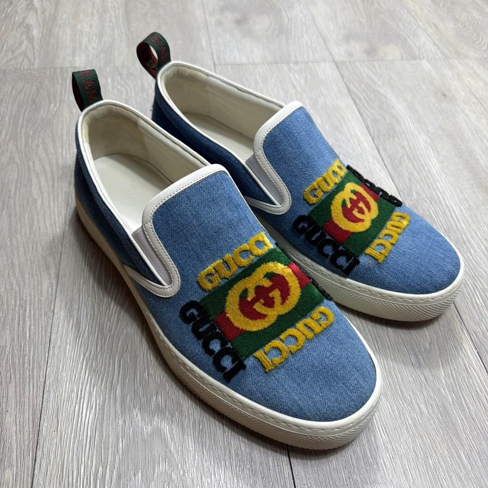 GUCCI Kura Slip On Shoes Chambray Denim Velour Logo Loafers Mens Size 10 Rare!